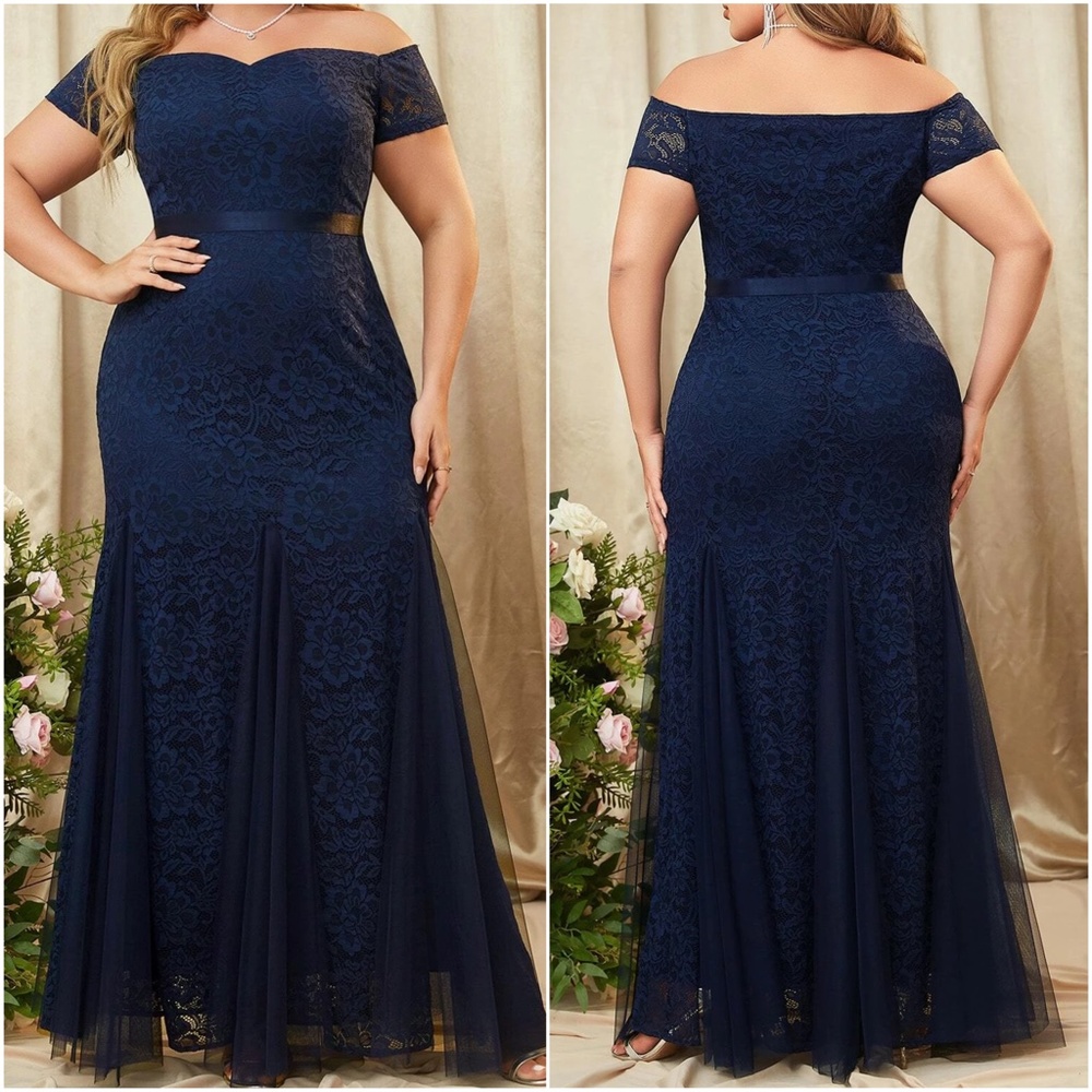 Plus Floral Lace Off Shoulder Formal Evening Wedding Maxi Dress - Picture 6 of 10